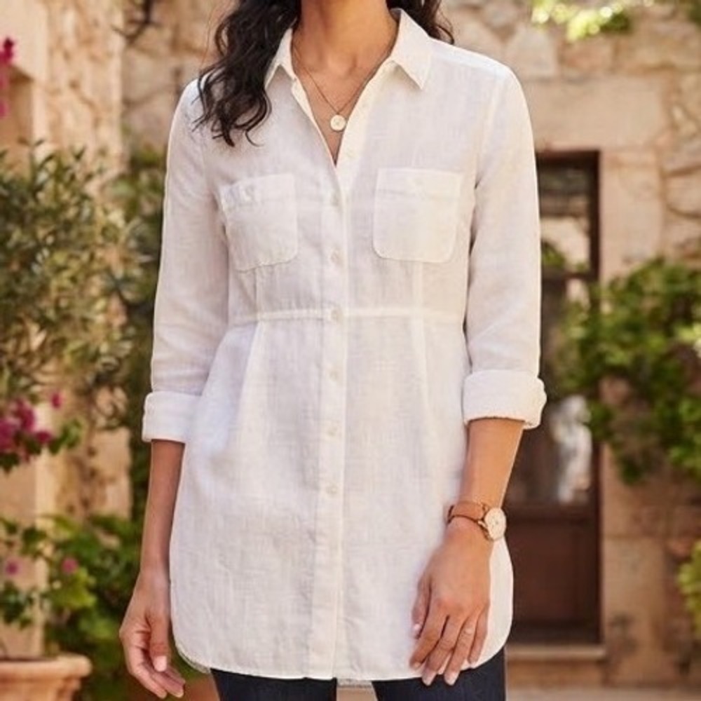 Weekend Max Mara White Linen Tunic Shirt Empire Waist Button Down Top